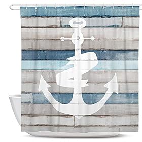Adecuado Nautical Shower Curtain Anchor Coastal Beach Theme Rustic Striped Decorative Polyester Fabric Cloth Washable… 51 lOSenrWL