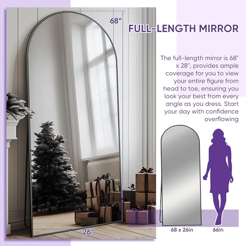 Full Length Mirror, 68"x26" Arched Floor Mirror Freestanding, Floor Standing Full Body Mirror with Stand for Bedroom, Hanging Mounted for Living Room Cloakroom, Black