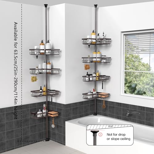 Image of KEGII 4-Tier Corner Shower Caddy Tension Pole - Waterproof Shower Rod Organizer, Floor to Ceiling Tension Rod 25-114.2 inch, Stainless Steel Corner Shower Shelf, Bronze