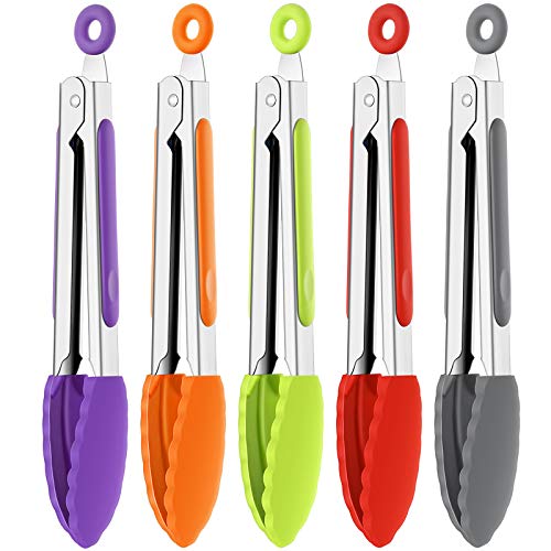 Mudder Tongs 5 Pieces 7 Inch Mini Kitchen Tongs with Silicone Tips Small Serving Stainless Steel Cooking Tongs for Salad Grilling Frying 5 Colors