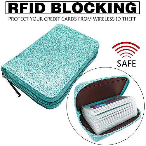 Image of Easyoulife Genuine Leather Credit Card Holder Zipper Wallet With 26 Card Slots, Glitter Teal, Medium, Rfid Wallet