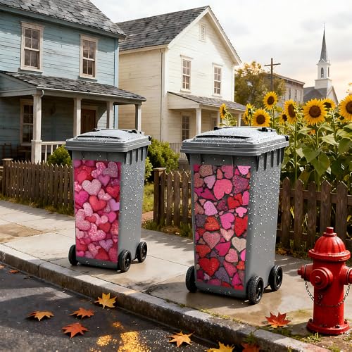 Image of 2 PC Trash Can Sticker 14.57 x 32.28 Inch Pink Mosaic Heart Design Vinyl Sticker with Stone Path and Romantic Pattern for Outdoor Garbage Bin Garden Yard Driveway Home Decor