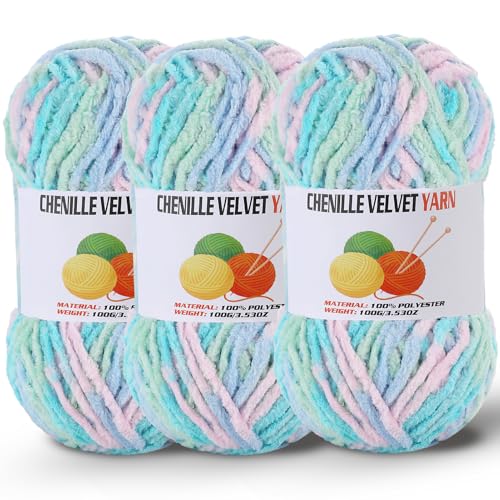 Image of 3 * 100g /3.5oz Fluffy Chenille Yarn for Crocheting, Chunky Velvet Yarn for Crochet Amigurumi, Used for Making Baby Yarns Blanket, Clothes, Pattern Knitting Creations (Candy Color)