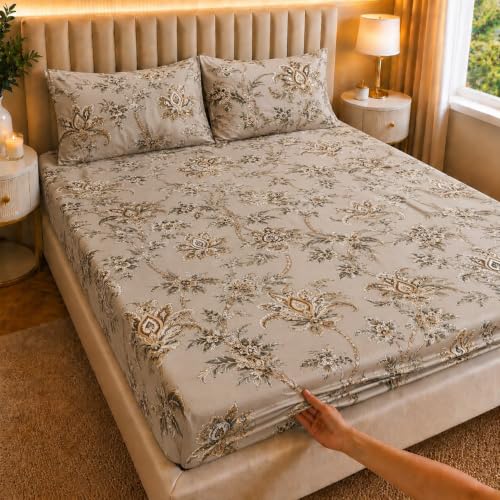 Image of Castiqa Elastic Fitted Supersoft Premium Polycotton 200TC Double Bedsheets King Size 78x72 Inch with 2 Pillow Covers (Fits Upto Mattress of 8Inches) (Multicolor II)