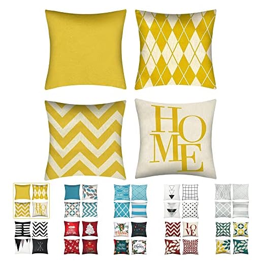 Fundas de Cojín Lino de algodón Decorativa Geometría Moderna con Cremallera Invisible Funda de Cojín 45x45cm, Juego de 4 Funda de Cojines Para Sala de Estar Sofás (Amarillo)