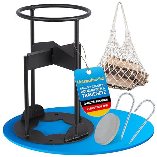 Manuelles Holzspalter Set – Handholzspalter mit Bodenanker, Transportnetz und Schleifstein – Sicher Holz spalten ohne Strom – Taunus Woodmasters