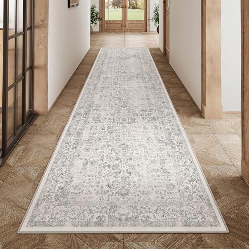 Gray Runner Rug 3x12 Hallway Machine Washable Kitchen Vintage Distressed Non Slip Long Carpet Indoor Grey Retro Floral Bedroom Accent Throw Rug for Bathroom Office Laundry Dining Living Room