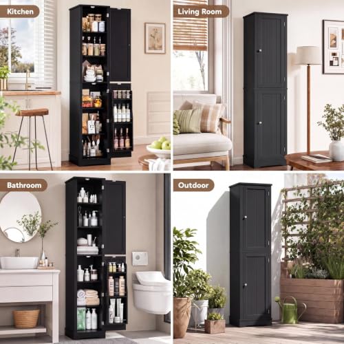 Image of 71 inch Tall Narrow Storage Cabinet with Reversible Doors, Small Pantry, Black