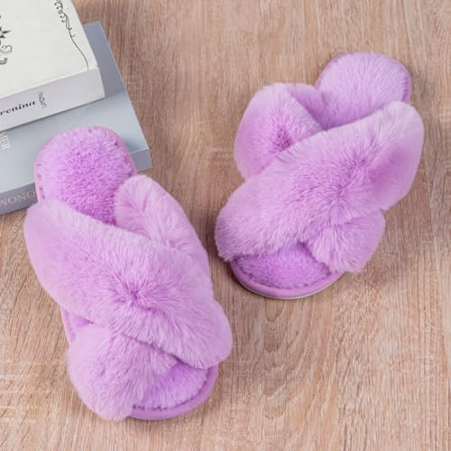 Image of Enteer Women's Slipper Memory Foam Cross Band Fuzzy Slippers Open Toe Cozy House Slippers Cozy Plush Bedroom Indoor Outdoor