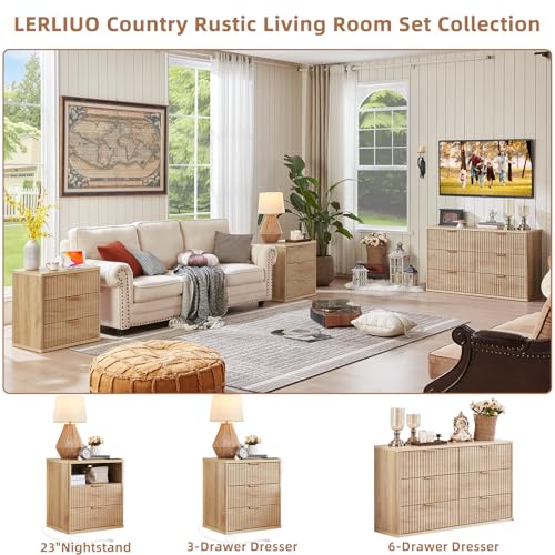 LEYAOYAO 23" Wide Fluted Night Stand with Charging Station, 3 Drawers Large End Table with Storage, Natural Nightstand Wood Bedside Tables, Farmhouse Cabinet Dresser for Bedroom, Closet