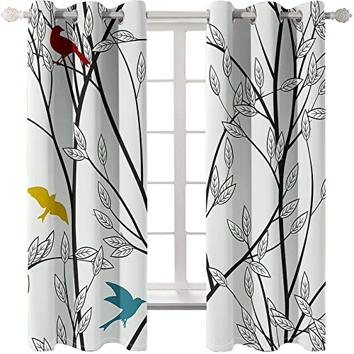 Daesar Rideau 2 Panneau, Rideaux Interieur Fenetre 274x244CM Rideau Design Salon Branche Arbre avec des Feuilles et des Oiseaux Fenêtre Rideaux Gris Rouge Jaune Polyester