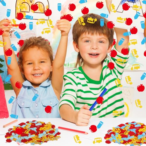 Image of Whaline 300 Pcs Back To School Table Confetti School Bus Apples Pencil Shaped Confetti Yellow Red Blue Table Centerpiece for First Day of School Party Decoration