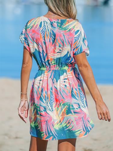 Image of CUPSHE Women's Swimsuit Coverup Casual V Neck Beach Dress Short Sleeve Elastic Waist Swimwear Cover Ups 2026 Beachwear