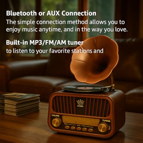 Image of Fire Turtle Vintage-Style FM Radio with Bluetooth Speaker | Portable Retro Music Player with Type-C Charging USB, SD Card, Headphone Jack & Frequency Knob - Brown