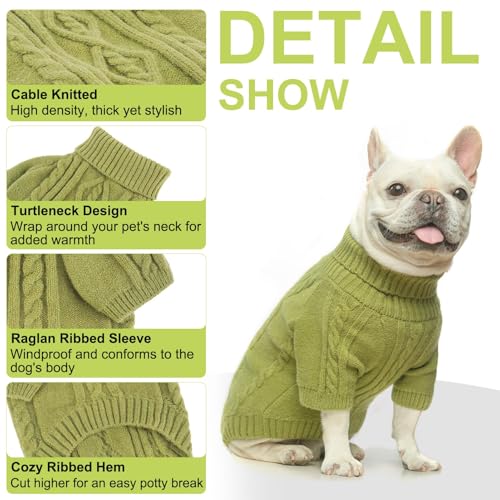 Image of BEAUTYZOO Dog Sweater for Small Medium Dogs, Knit Clothes with Harness Hole | Turtleneck Pullover Fall Winter Knitwear, Fuzzy Fleece Cold Weather Coat for Girl Boy Puppy, Warm Pet Sweatshirt, Green SM Tu