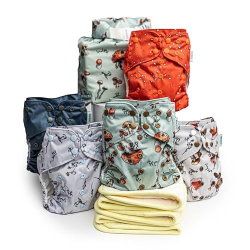 Image of Kinder Cloth Diapers Set of 5 Reusable Baby Diapers Pocket Style Athletic Wicking Jersey, Bamboo Viscose Inserts, Wet Bag, Newborn to Potty Training 7-60lbs, One Size (Forest Fairytale)
