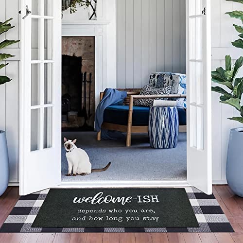 JJUUYOU Large Door Mats Outdoor Welcome Mat for Front Door Outside Entryway Funny Doormat Non Slip Rubber Back Rugs Black Welcome-ish Low Profile Mats for Entry Patio Shoe Rugs - Image 2