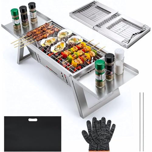 Image of Barbeque Grill Set for Home,Foldable and Portable Charcoal Barbeque Grill Set,Grill Chicken Maker for Home,Includes Grill, Bag, Gloves,Mini Tabletop BBQ Grill with Stainless Steel Body,Silver