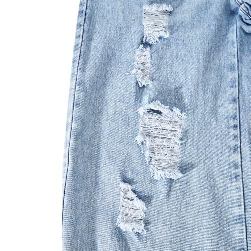 Girls Ripped Baggy Jeans - Elastic Waist Wide Leg Denim Pants with Pockets for Kids4