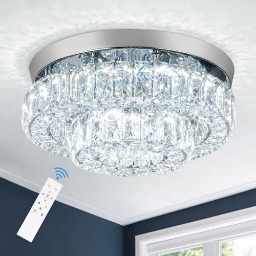HongnuoFc 11.8' LED Chandelier 2-Layer Crystal Ceiling Light Fixture with Remote Control Flush Mount...