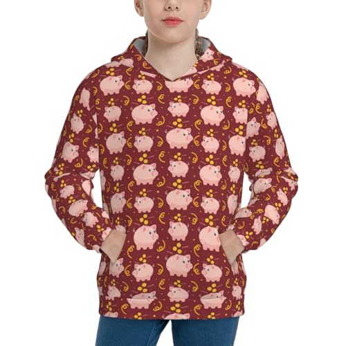 Cute Pig with Coins Kids Pullover Hoodies Boys Sweatshirts Girls Athletic Clothes with Pocket