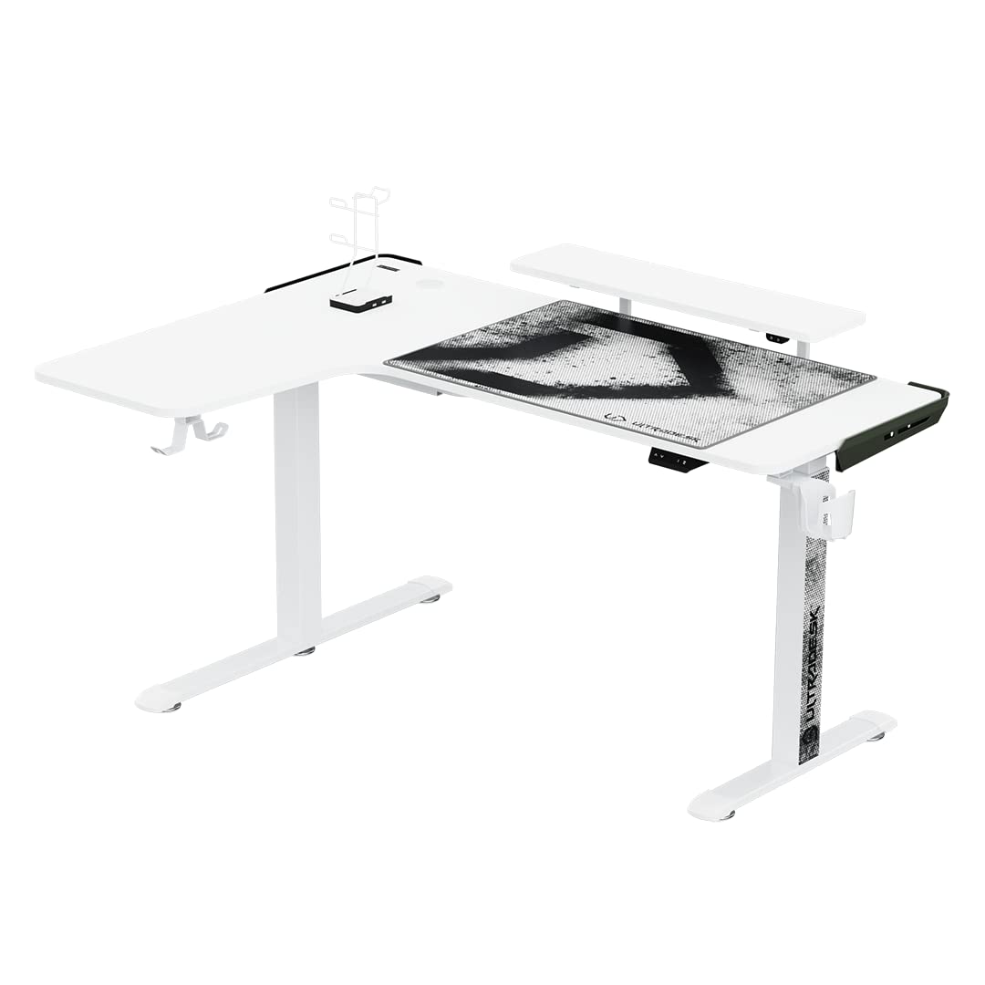 Ultradesk Winger RGB LED | Mesa de Juego Mesa de Juego en Forma de L | Escritorio esquinero en Forma de L | Escritorio para Ordenador con Ajuste eléctrico de Altura |155x111x60cm Blanco