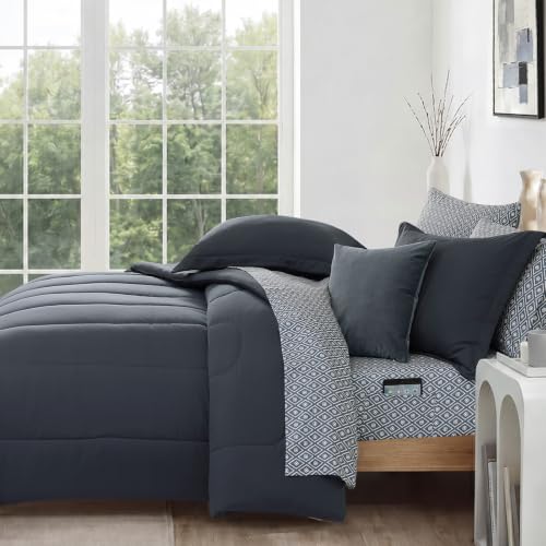 Image of Monbix Full Size Comforter Set - 7 Pieces Bed in a Bag Full, Blue Grey Track Stitching Bedding Sets, All Seasons Comforter Bed Set with Sheets, Pillowcases & Shams