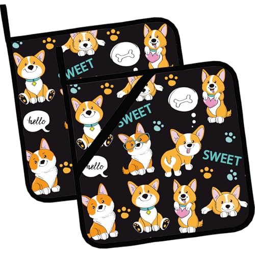 Cute Dogs Corgi Pot Holders 2 PCS,Kitchen Heat Resistant Hot Pads for Cooking Grilling Baking BBQ, Pot Holders for Women Cook Home Microwave