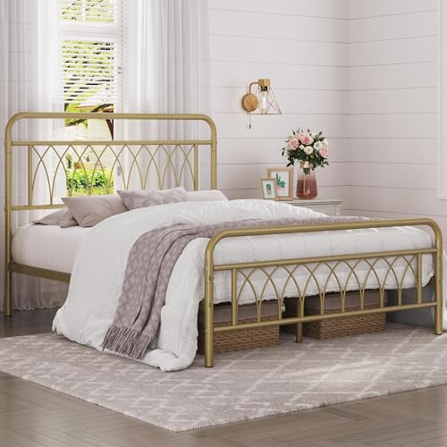 Yaheetech YT-00116983 Queen Bed Frame Metal Platform Bed With Petal Accented Headboard/Footboard/14.4 Inch Under Bed Storage/No Box Spring Needed,Antique Gold thumb #2