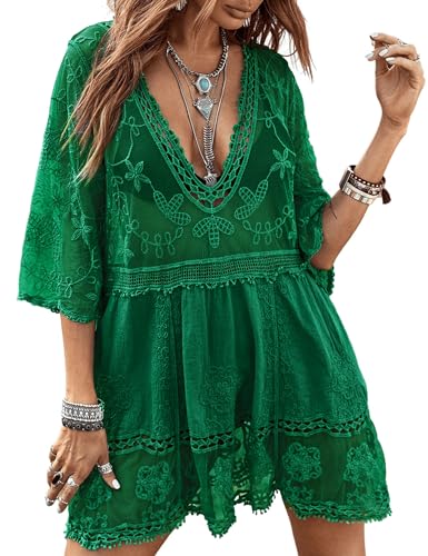 Image of Eomenie Women's Contrast Lace Bathing Suit Cover Up V-Neck Swimsuit Coverups Loose Swimwear Beach Dress Beachwear