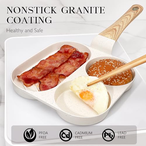 Image of GiPP Ceramic Non Stick Egg Pan, 3-In-1 Divided Breakfast Omelette Frying Pan, 7.9 inch with Heat-Resistant Handle, Compatible with All Stove Tops, PFOA /POFS /PTFE Free, White