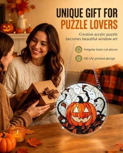 Image of Acrylic Jigsaw Puzzle Suncatcher Ghost Pumpkin Adult Puzzles Gifts 9.8 inch