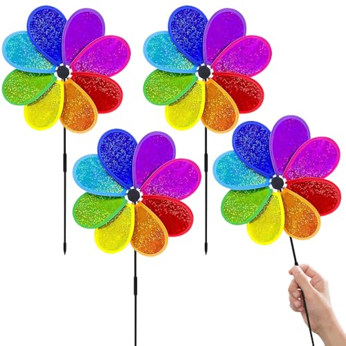 Rppiup 4pcs Wind Spinners for Garden, 30cm/12.8 Inch Rainbow Sparkly Garden Wind Spinners, Colorful Reflective Bird Scarer Windmill, Windmills for Outdoor Yard Lawn Boys Girls Party Pinwheels Favor