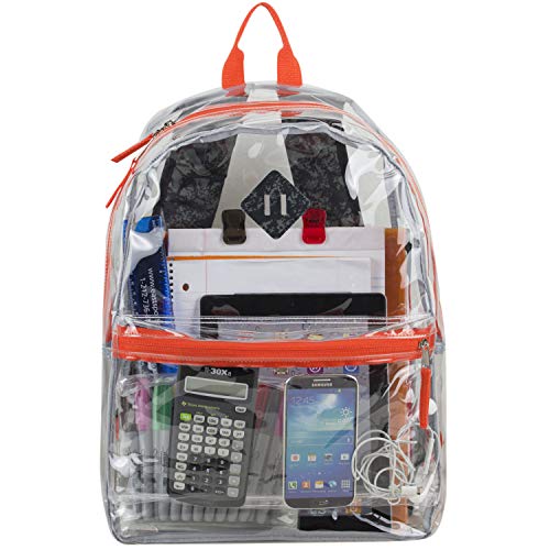 Eastsport Transparent Clear See Through PVC Backpack Bag for Work, Festival, Concert, Parade, Black and Gray Destruction Print/Red Orange