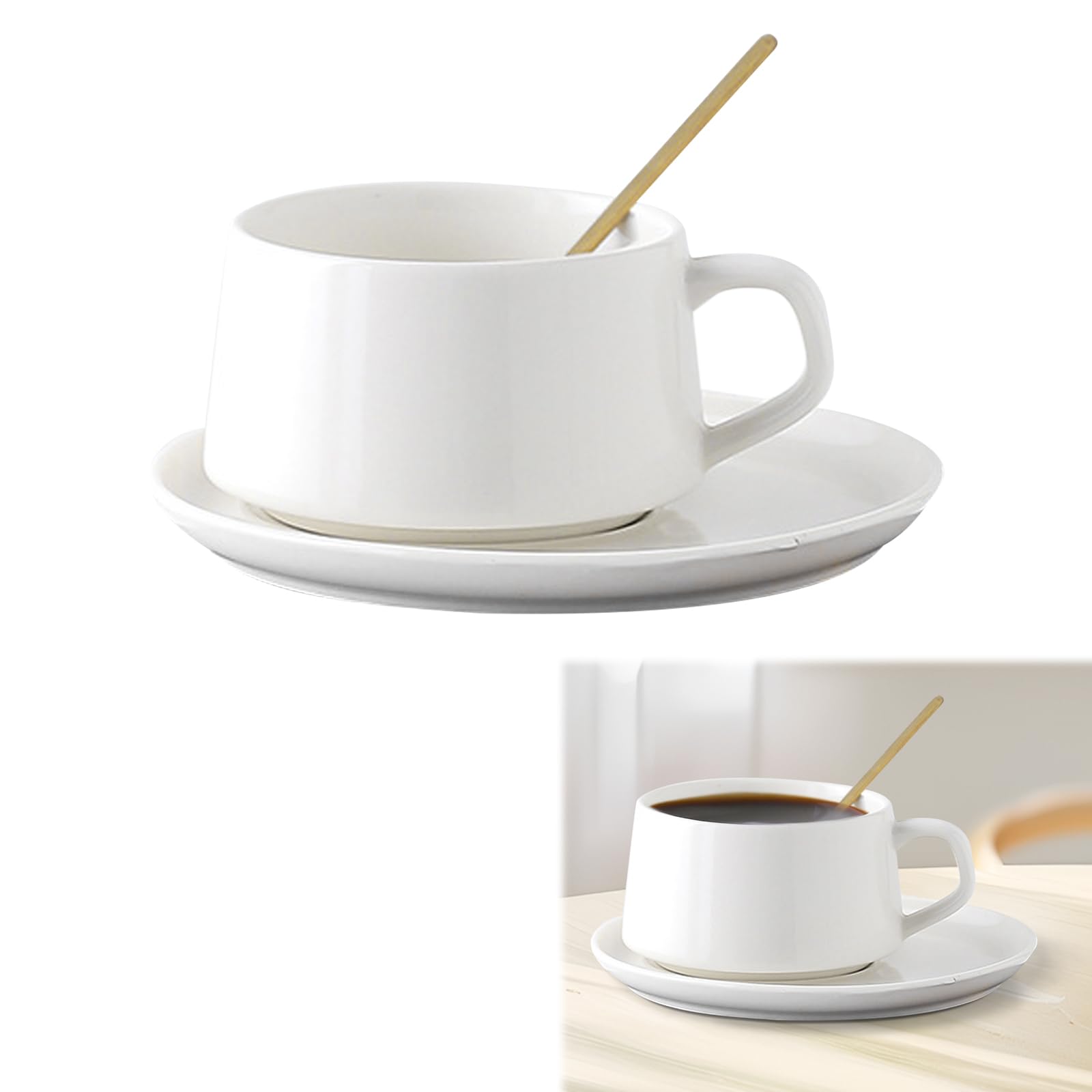 Ayrirel Ceramic Tea Cup with Spoon and Saucer Sets, 250ML Ceramic Coffee Cups Mug for Cappuccino, Latte, Espresso & Americano, Great Gift for Birthday/Christmas/Valentine's Day (White)