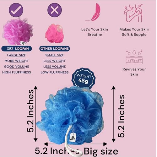 Image of QBZ Large Bath Loofah Sponge Scrubber Exfoliator for High Lather Cleansing (SKY BLUE & WHITE, 1 Count (Pack of 2))