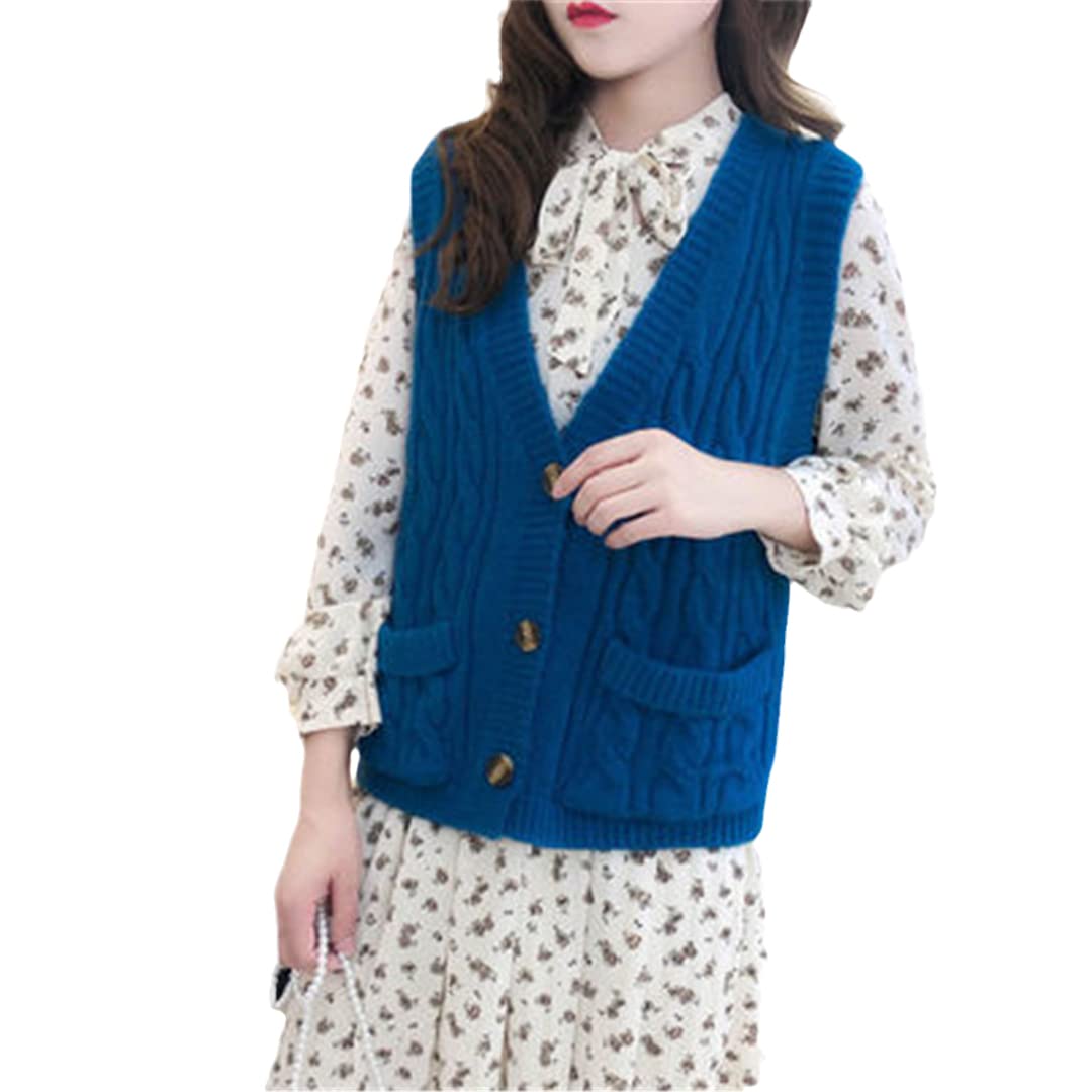 Women Vest Sweater V-Neck Cardigan Woolen Knitted Sleeveless Vest Blue