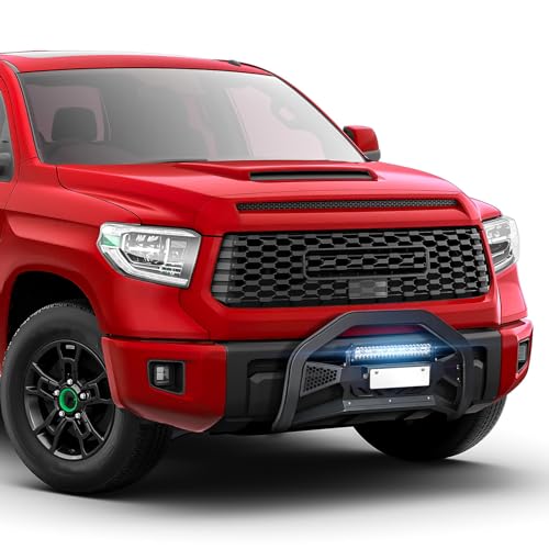 Image of YZONA Bull Bar with License Plate Frame & LED Light Bar Compatible for 2007-2021 Toyota Tundra, Truck Grille Guard Brush Push Bar Front Bumper (Include Light Mount & Skid Plate)