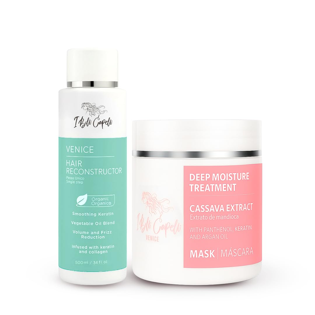 I Belli Capelli Smoothing Venice Keratin Hair Treatment Straightening Set- Keratina Para Alisar El Pelo Sin Formol - Paso Unico & Hair Mask for Silky Soft Hair- Complete Keratin Treatment
