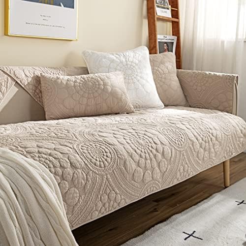 vctops Boho Circle Embroidery Couch Sofa Cover Solid Color Cotton Quilted Non-Slip Sectional Couch Covers Sofa Slipcover for Dogs, Children, Pets Furniture Protector (Khaki,36"x70")