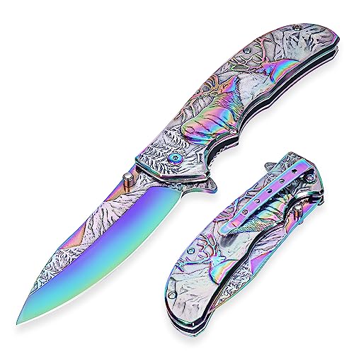 YiMai Cuchillo Plegable, Navaja de Bolsillo con Mango de patrón tallado en 3D, Cuchillo Plegable para Acampar Pesca Caza Picnic (Color degradad)