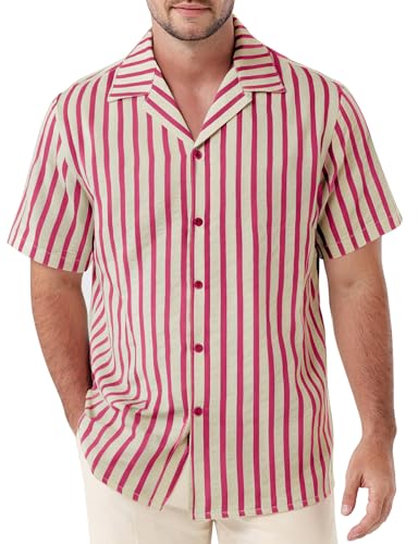 JEMITOP Men's Classic Striped Cuban Collar Button Down Shirt Summer Lightweight Short Sleeve Casual Button Up Texture Shirts for Beach Vacation Red L