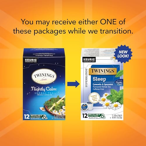 Image of Twinings Sleep Herbal Tea 72 K-Cup Pods for Keurig, 12 Count (Pack of 6), Formerly Nightly Calm, Camomile, Spearmint, & Lemongrass, Naturally Caffeine-Free, Enjoy Hot or Iced