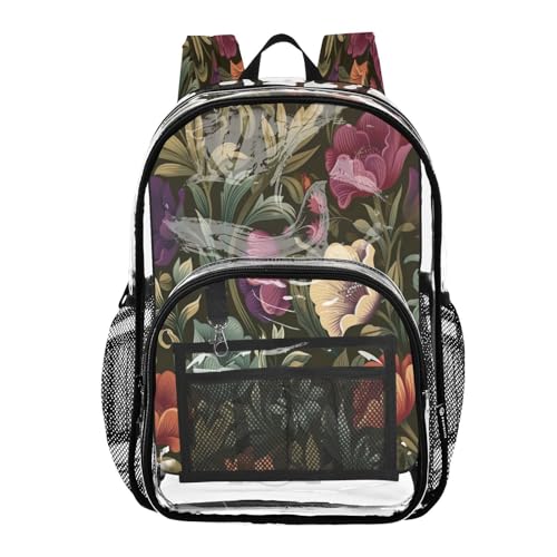 Watercolor Flowers Clear Backpack - Stadium Approved Large 15.7-inch Waterproof Transparent Bag for Sports, Concerts, Work, Travel#369
