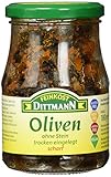 Feinkost Dittmann Schwarze Oliven, ohne Stein, trocken eingelegt, schar, 3er Pack (3 x 180 g)