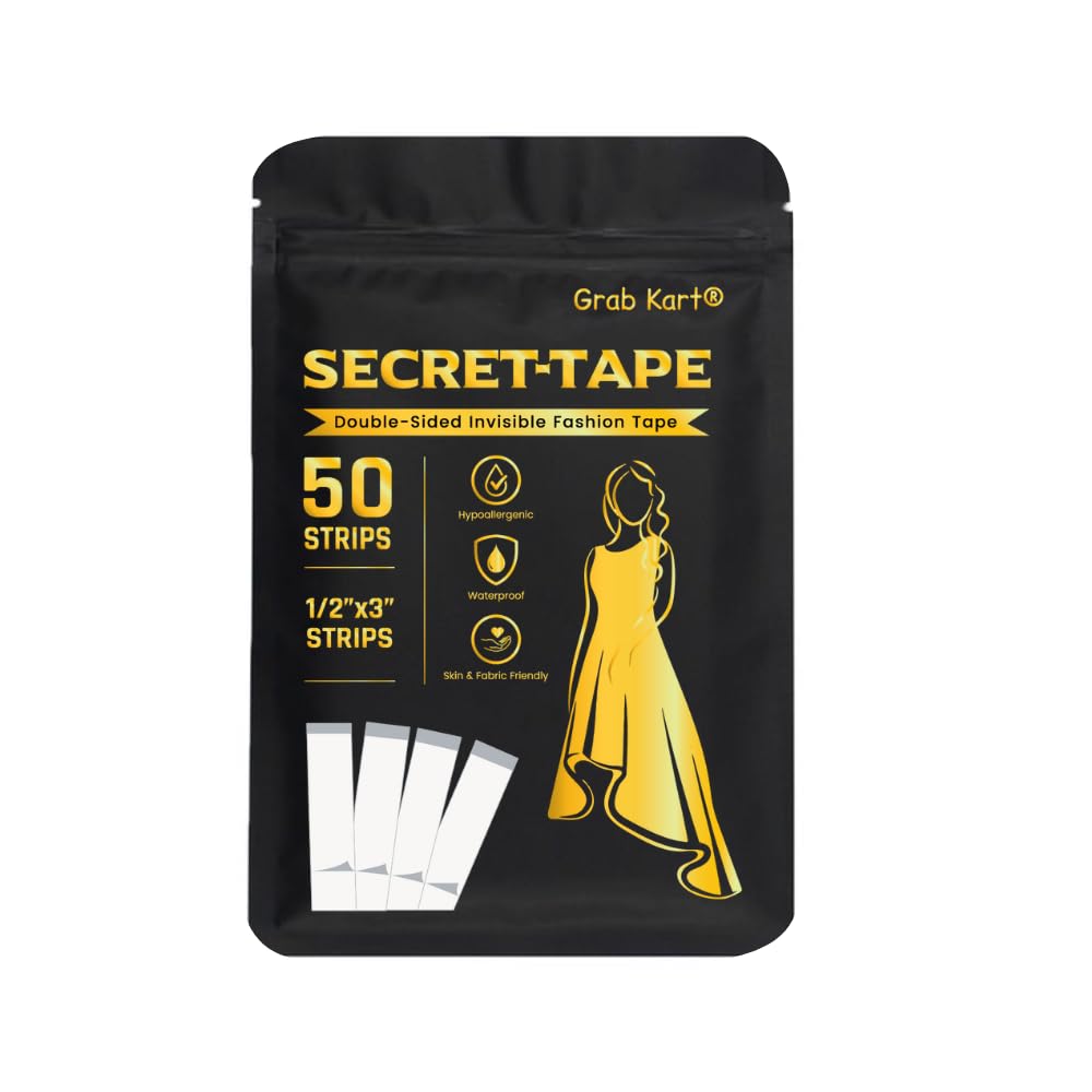 Grab Kart Double-Sided Fashion Tape for Clothes, All Day Strength Tape Adhesive, Invisible and Clear Tape for Sensitive Skins - 50 Strips