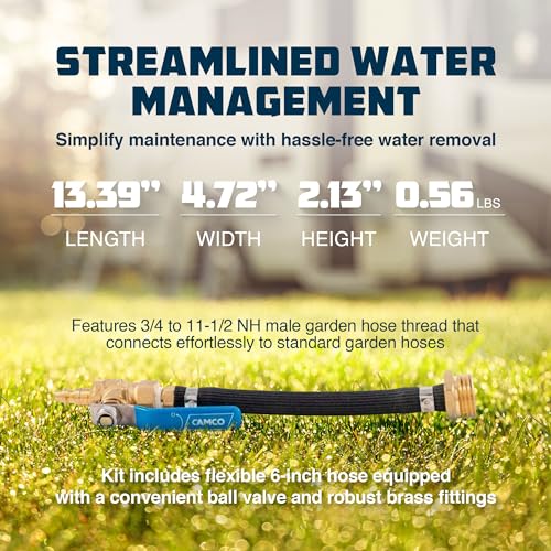 Image of Camco RV Winterization Fresh Water Blow Out Hose with Ball Valve - Easy to Use & Features Double Brass Build - Essential RV Winterizing Tool - for Use with an Air Compressor (36170)