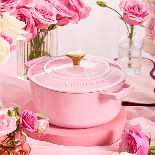 Image of CUMIN CO. Cast Iron Dutch Oven 2.5L, 20 cm | Induction Base Cookware | 10 Years Warranty | Non Toxic Non Stick Biryani Pot with Lid | Heavy Bottom | Chemical Free Coating | Free Accessories | Pink (Rose)