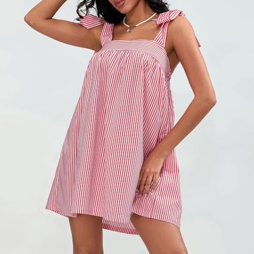 Image of Women Floral Tie Shoulder Mini Dress Cute Square Neck Loose Fit Beach Short Dress Backless Boho Vocation Sundress