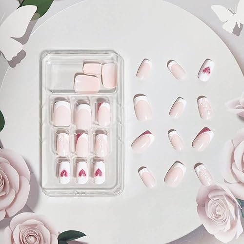 Miniatura 2 de Uñas postizas a presión para el día de San Valentín, uñas postizas largas con diseño de corazón blanco y rojo, uñas acrílicas de San Valentín, uñas